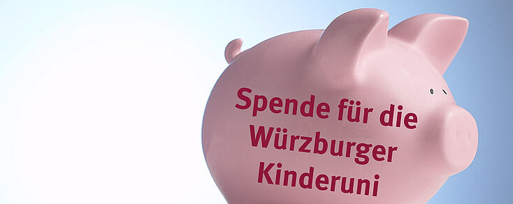 Sparschwein mit dem Schriftzug "Spende für die Würzburger Kinderuni!"