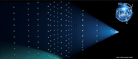 Artistic representation of the ultra-high energy neutrino event observed in KM3NeT/ARCA