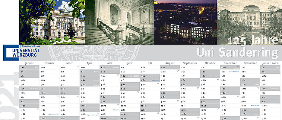 Der Wandkalender für 2021 zeigt aktuelle und historische Fotos der Universität am Sanderring.