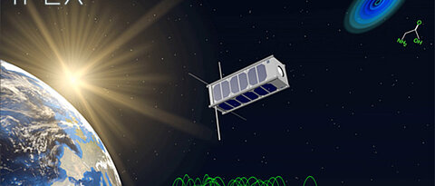 Die Grafik veranschaulicht verschiedene Aspekte der Extraterrestrik - Kleinsatelliten für die Astronomie, intelligente An-Bord-Signalverarbeitung, Bausteine des Lebens und Galaxien.