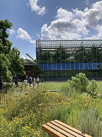 Tieflandregenwaldhaus des Botanischen Gartens mit nordamerikanischer Prairie im Vordergrund