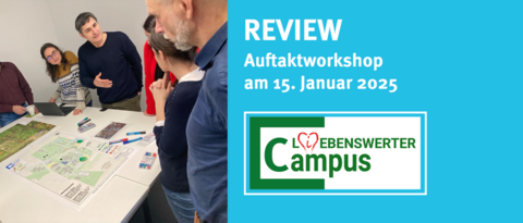 Kombinierte Graphik: Links im Foto die Teilnehmenden des Workshops über eine Karte des Campus Hubland Nordgebeugt und diskutierend. Rechts eine kurze Textpassage: Review. Auftaktworkshop am 15. Januar 2025 und darunter das Logo des Liebenswerten Campus.