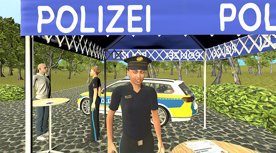 „Kann ich Ihnen helfen?“ In der Studie sollten die Teilnehmerinnen und Teilnehmer mit virtuellen Polizisten beziehungsweise Polizistinnen in den Austausch treten. 