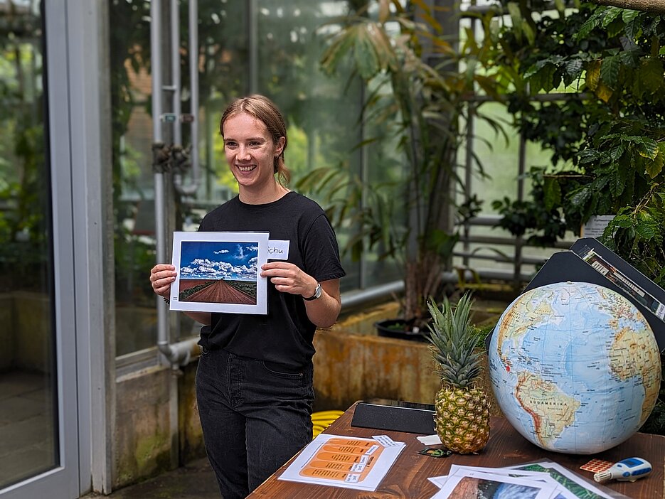 Das Foto zeigt eine Studentin an der Ananas-Station ihres Workshops im Tropenschauhaus des Botanischen Gartens.